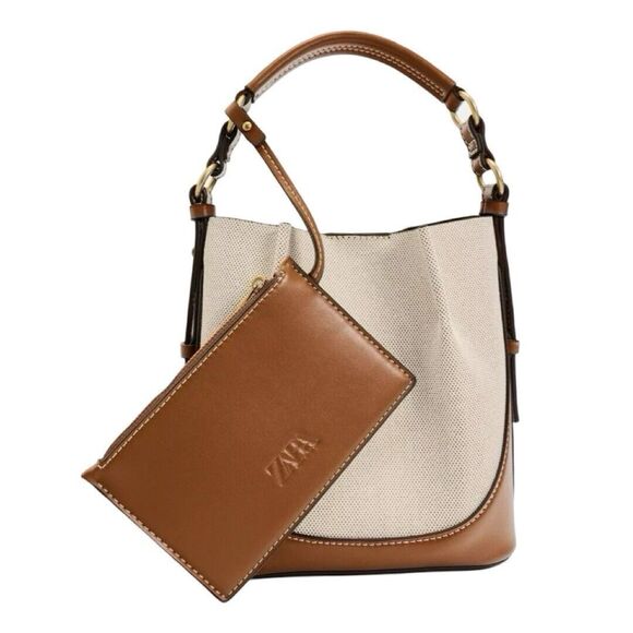 ZARA Topstitch Canvas Bucket Bag Removable And Adjustable Straps Brown - Picture 1 of 11